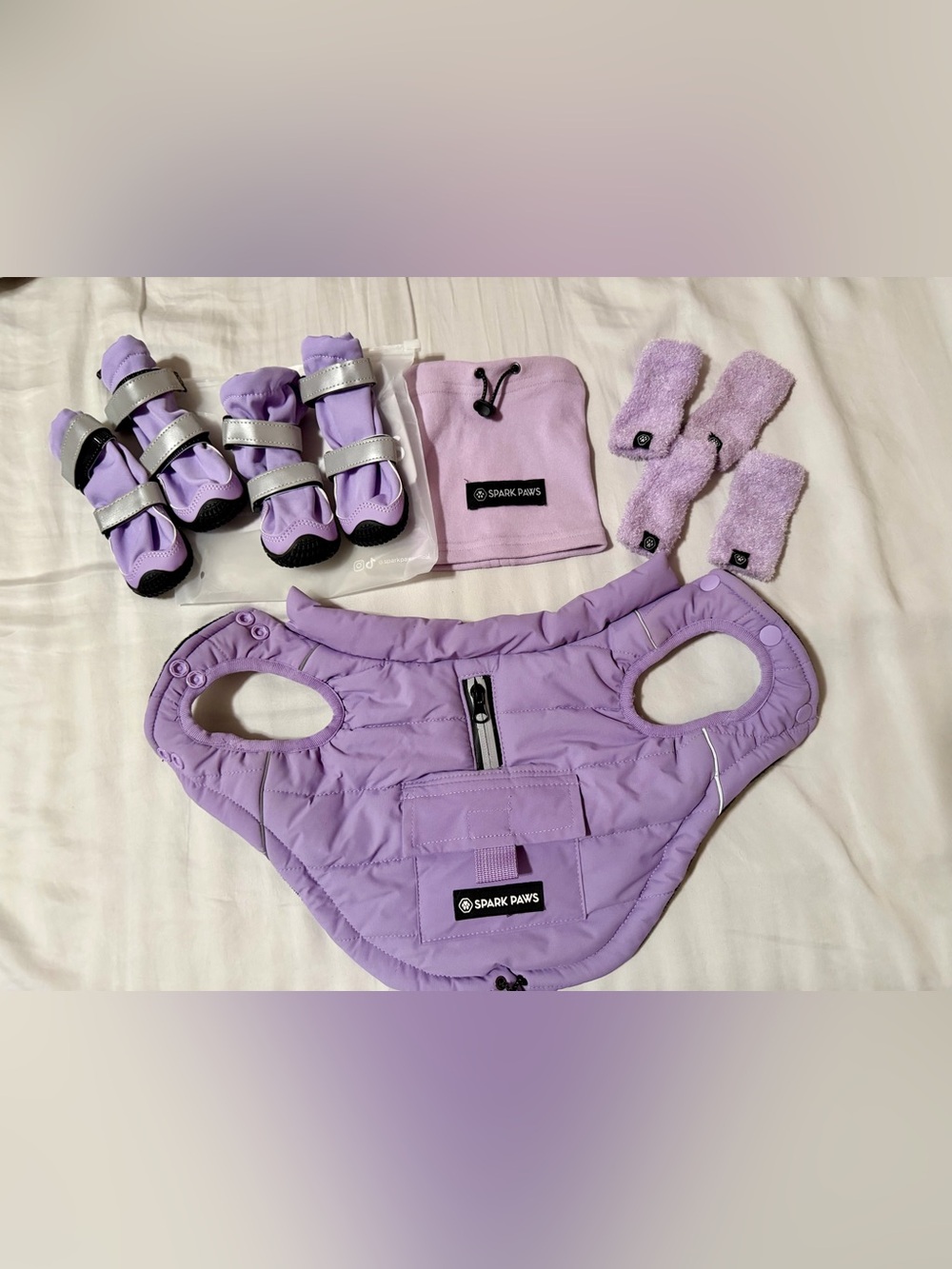 Spark Paws Dog Winter Bundle Lilac S Jacket Boots Leg Warmers Earmuff